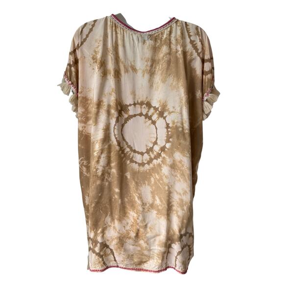 Tie Dye Kaftan Tunic Small Pink Tan Boho Chic Embroidery Tassels Festival Hippie - Picture 8 of 16